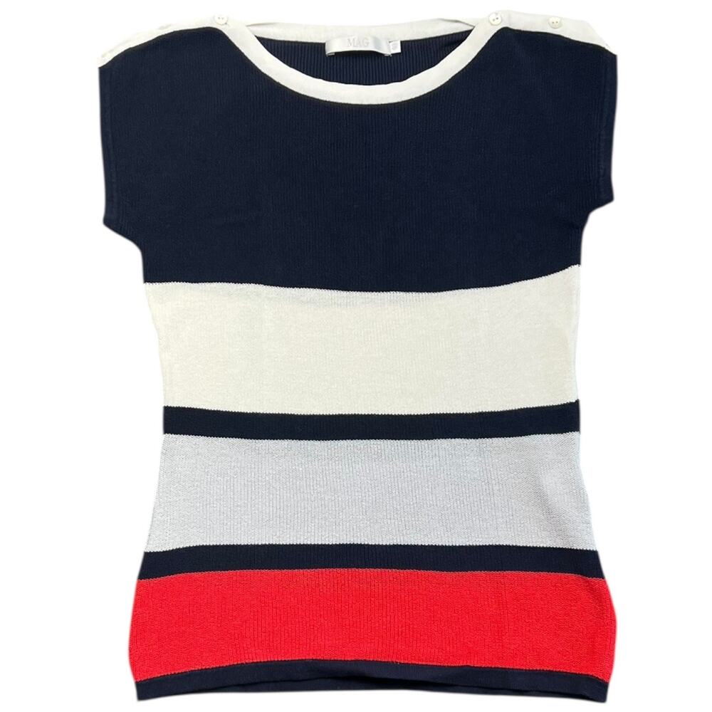 MAG Nautical Stripe Knit Top Navy White Red Cotton Shoulder Buttons - XS